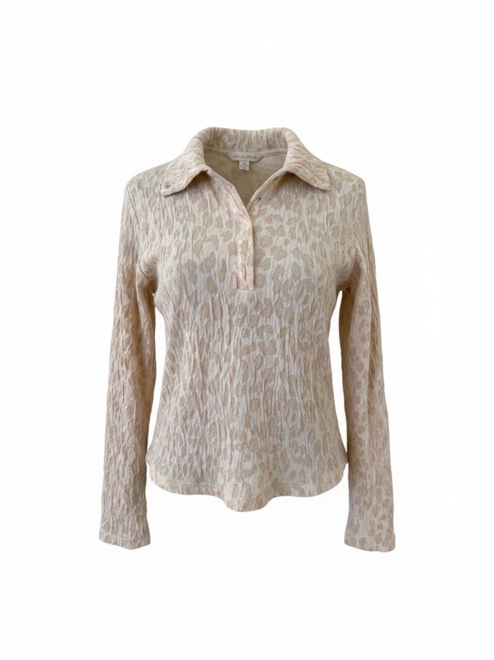 Zara Women Beige Leopard Print High Neck Crinkle Textured Long Sleeve Top Size M